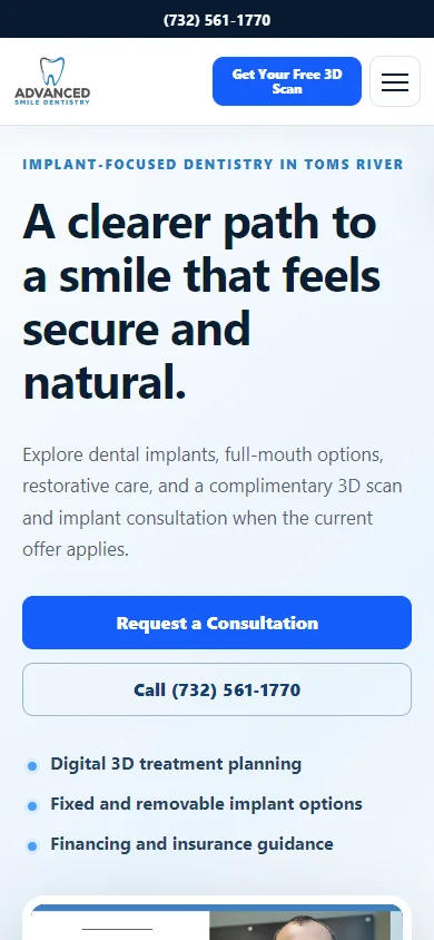 Live rebuilt Advanced Smile Dentistry website on mobile captured on July 20, 2026