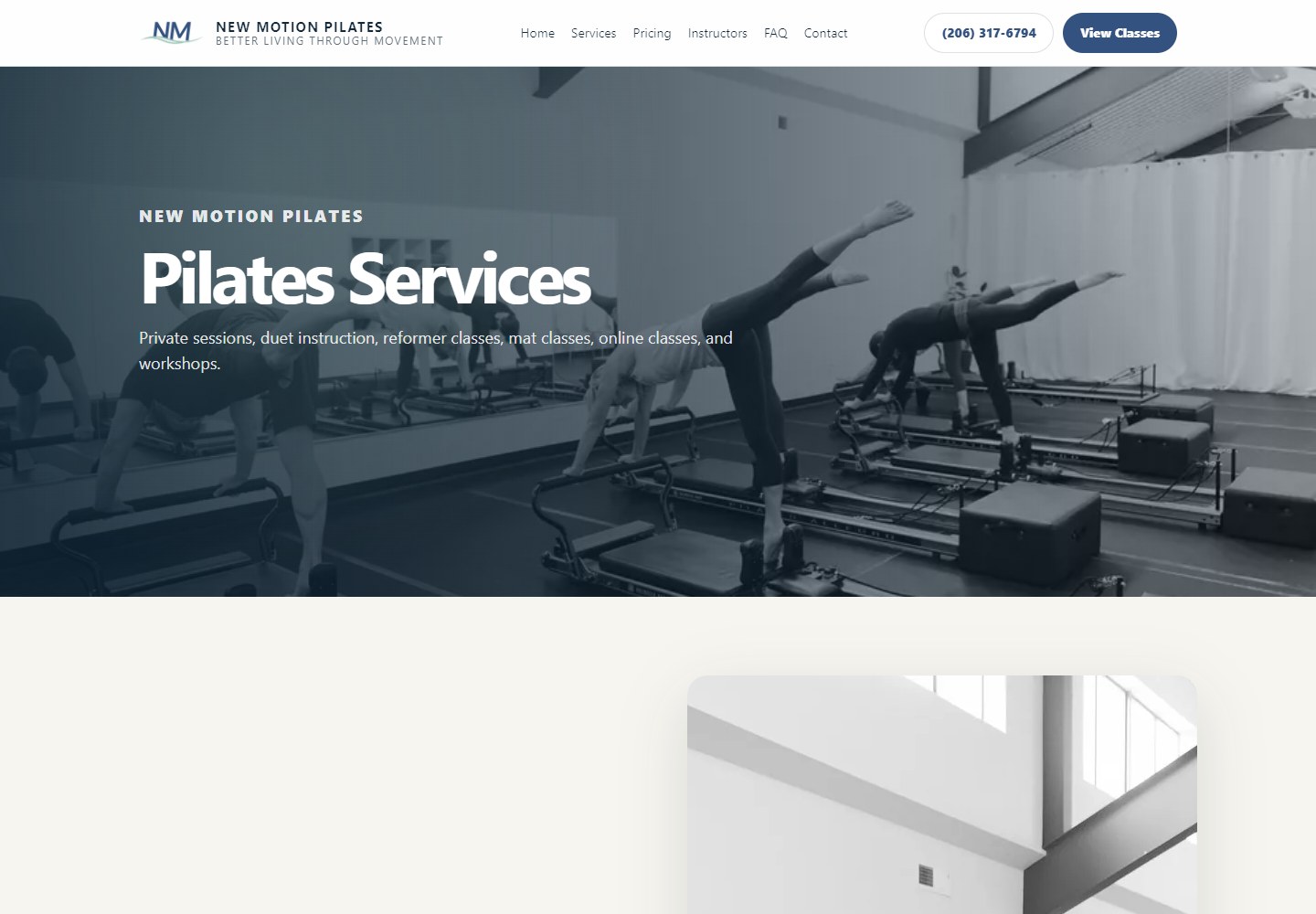 New Motion Pilates services page for private, duet, reformer, mat, and online classes